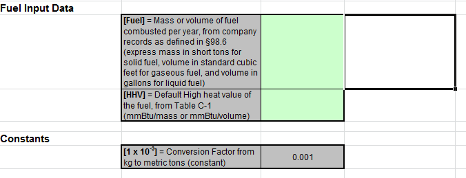 C-1, C-8 Fuel Input Spreadsheet Data Entry into the Green Cells